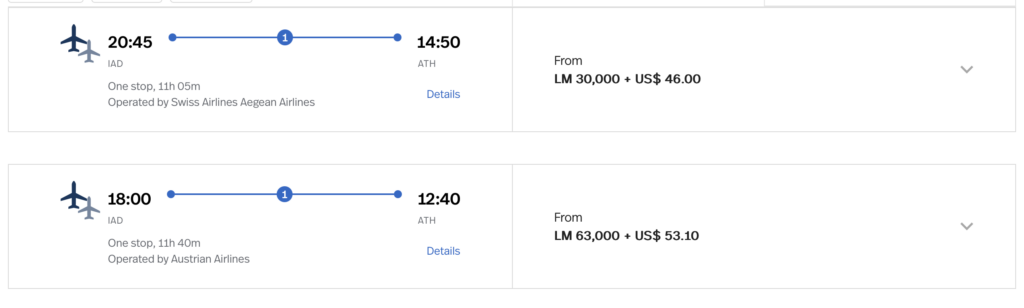 Screenshot Washington DC flight to Athens cost